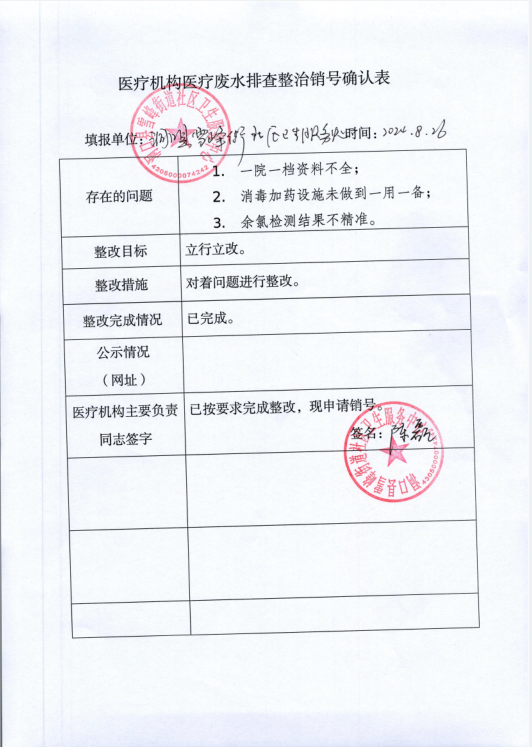 医疗机构医疗废水排查整治销号确认表（洞口县雪峰街道社区卫生服务中心）(图1)