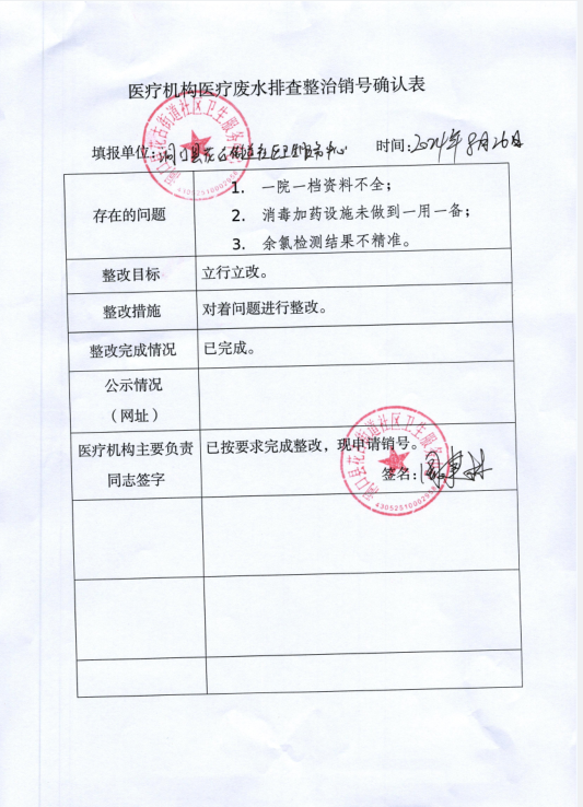 医疗机构医疗废水排查整治销号确认表（洞口县花古街道社区卫生服务中心）(图1)