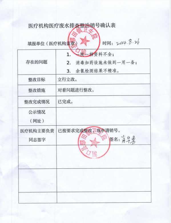 医疗机构医疗废水排查整治销号确认表（洞口县醪田镇卫生院）(图1)